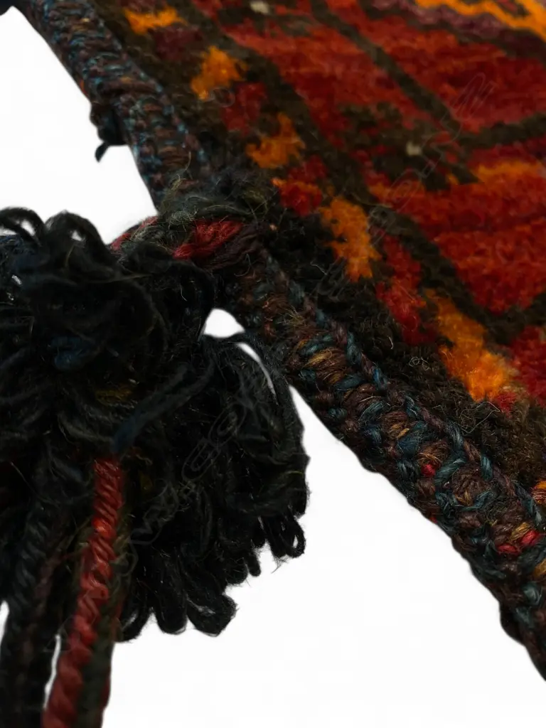 Bag – wool, - flatweave/pile - red ground - stepped diamond repeat - sides and base tassled.108 x 60cm Image 1++